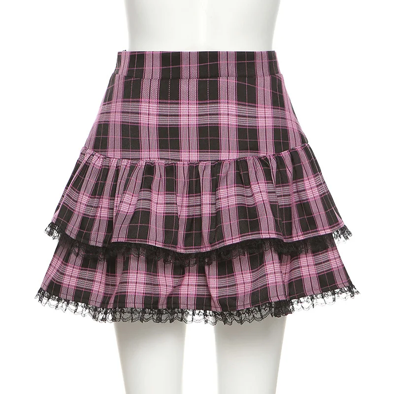 

Japanese Harajuku Girls Purple Pink Plaid Pleated Skirt y2k Punk Sweet Lace Kawaii Lolita Cake Mini Skirts Cosplay Costume