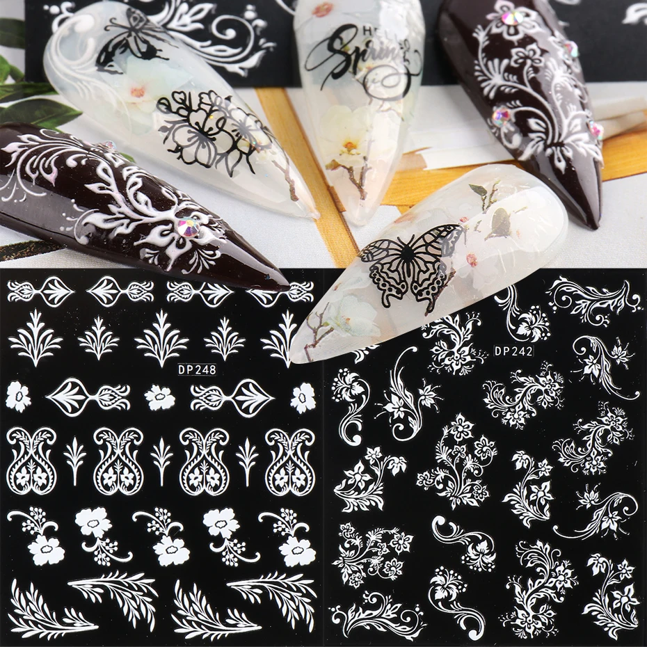 1 шт. черно белые гравированные цветы 5D наклейки для ногтевого дизайна рельефные