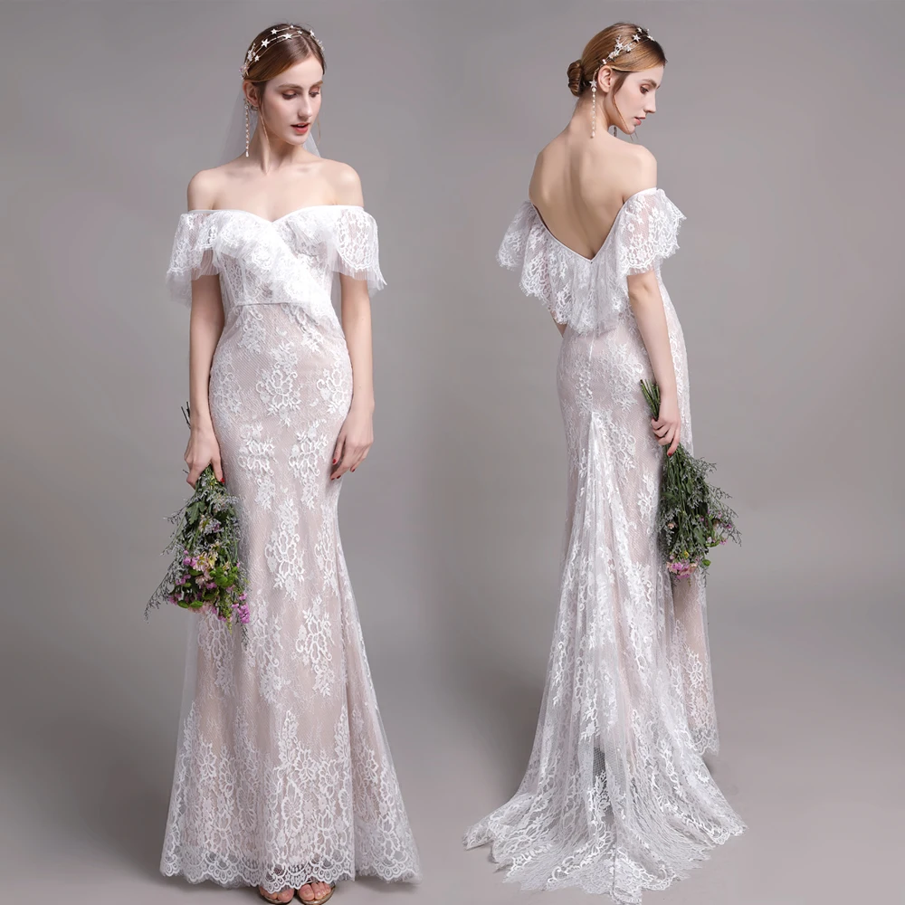 

2021 Vintage Champagne Lace Bohemian Wedding Dress Sexy Off the Shoulder Backless Bridal Gown Vestidos De Novia