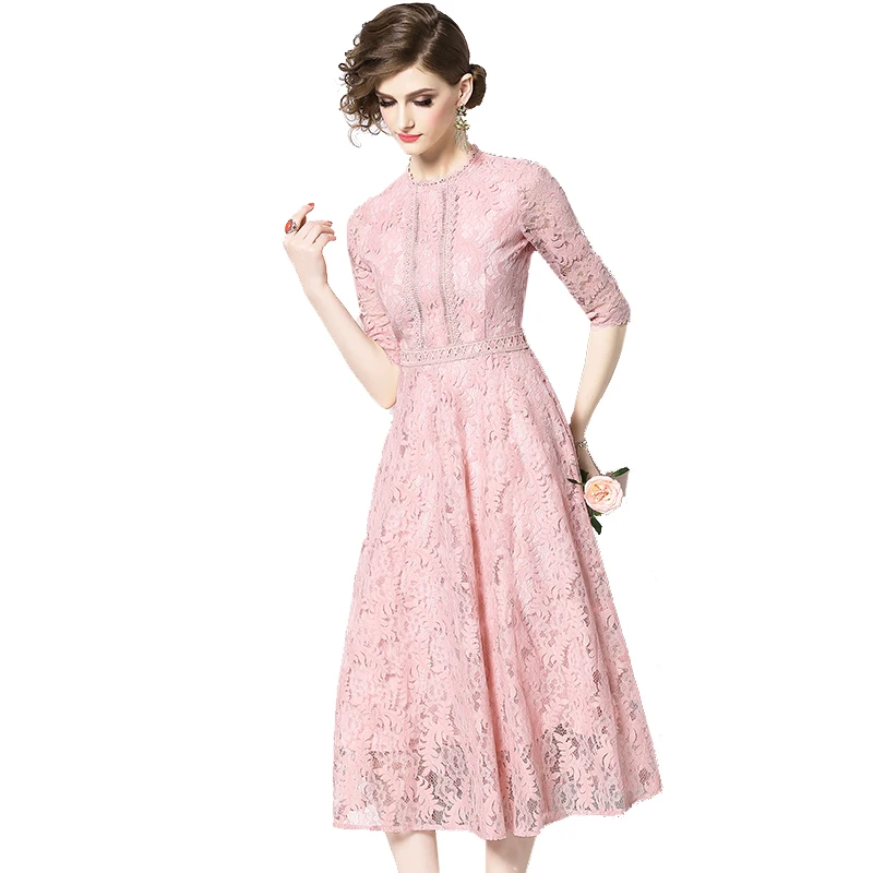 

TAOYIZHAUI spring new arrival midi lace dress fit and flare round neck empire waist pink color half sleeves print party dress