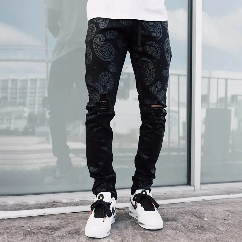 Black Ripped Jeans Men Fashion Luxury Paisley Pattern Printing Mens jeans pants slim fit stretch Denim Trousers Man casual pants