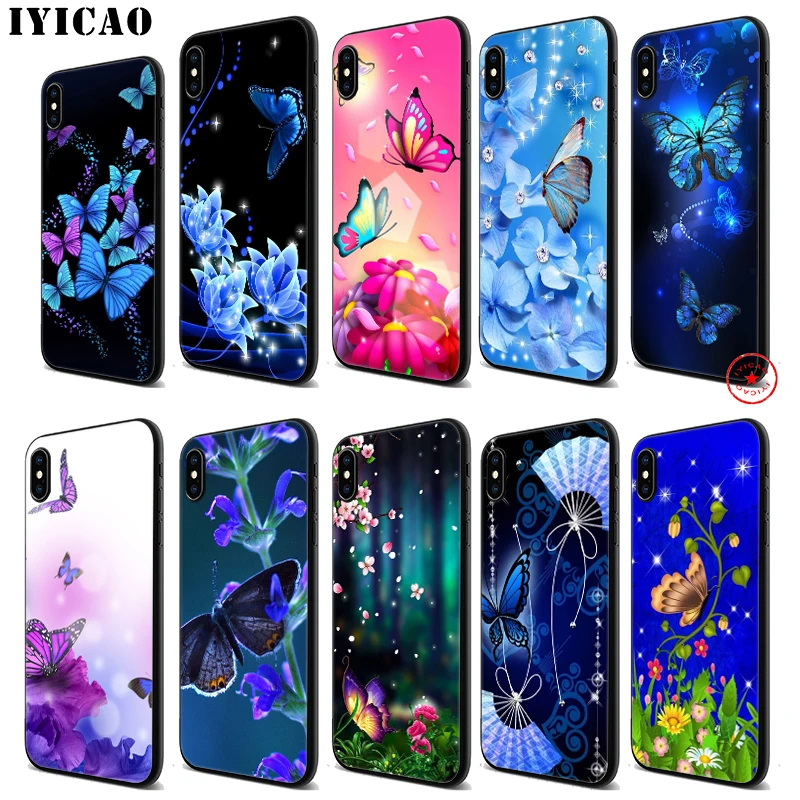 IYICAO Бабочка Синий Роскошный мягкий черный силиконовый чехол для iPhone 11 Pro Xr Xs Max X