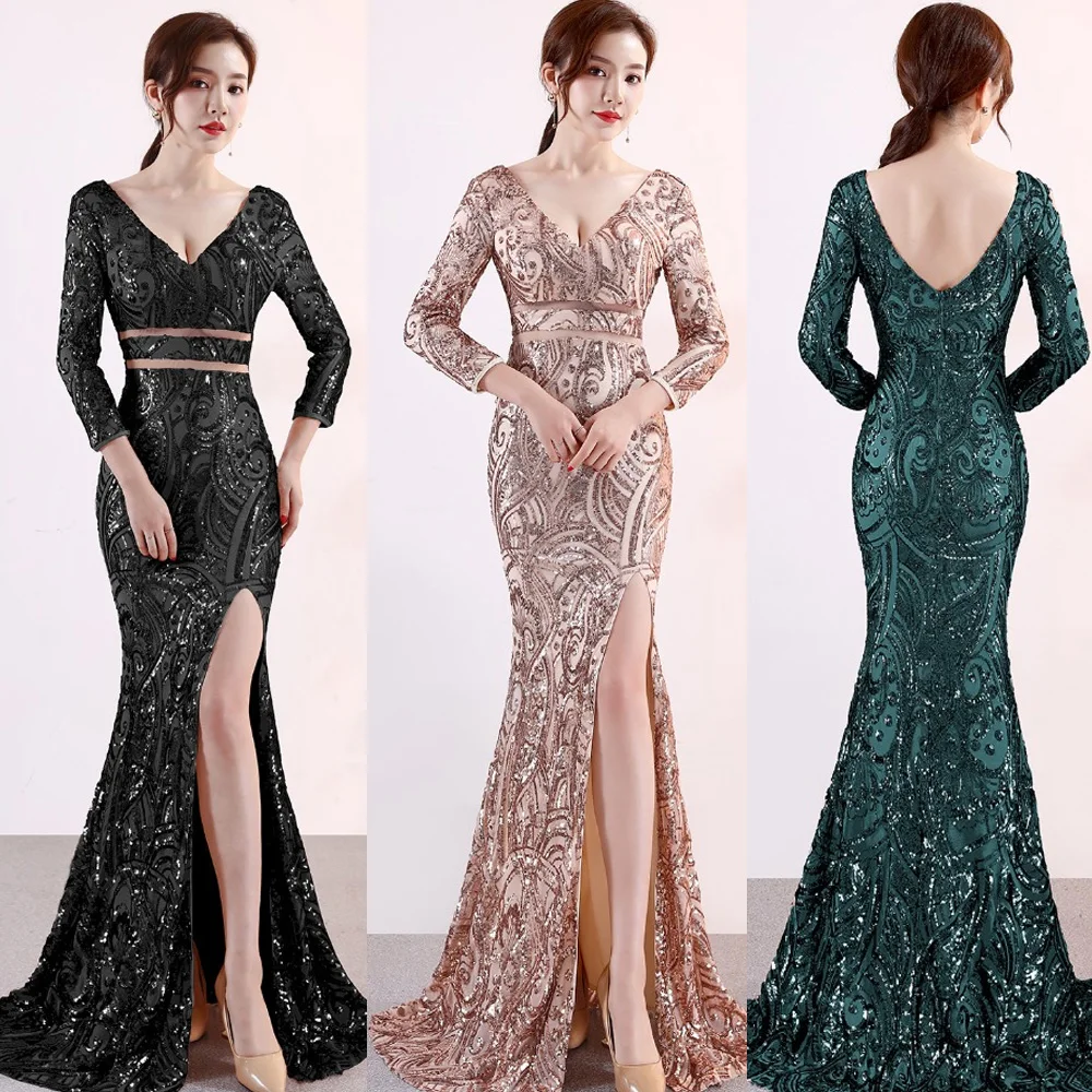 Длинное Вечернее Платье макси с пайетками женское облегающее платье разрезом