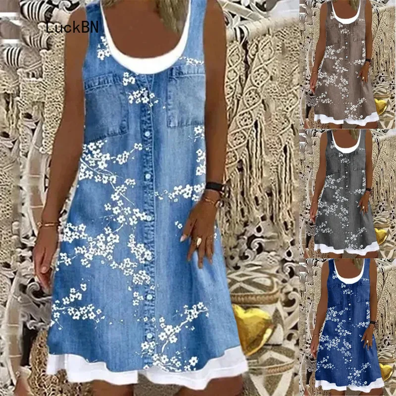 

2021 New Summer Women's Dress Loose Fashion Print Casual Sleeveless Dresses Female Boho Beach Office Party Vestidos Plus Size