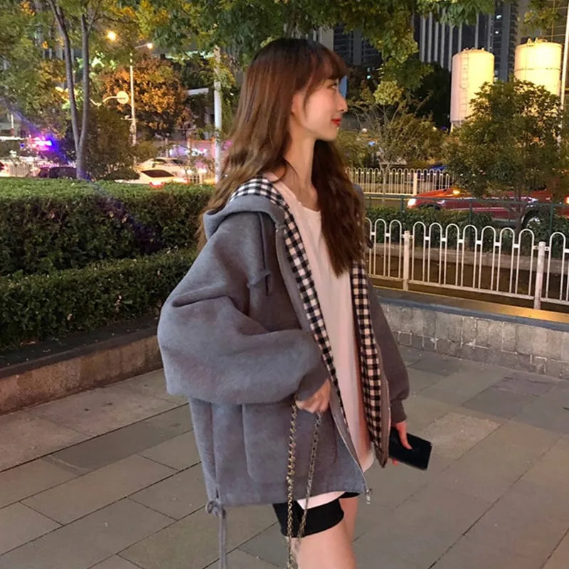 

Jackets Women Oversize Harajuku Streetwear Jacket Plaid Hooded Chic Outwear tops Coats Casual Loose plus size clothing