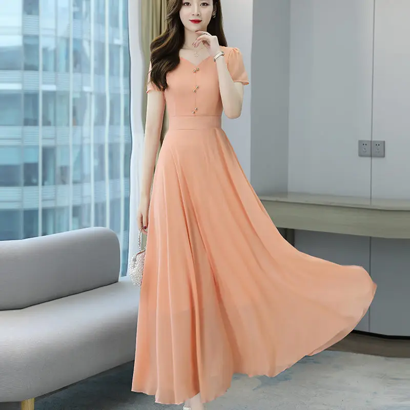 

Solid V Neck Dress Elegant Summer 2021 Women Fashion New Plus Size Short Sleeve Korean Slim Ladies Chiffon Long Dress zh424