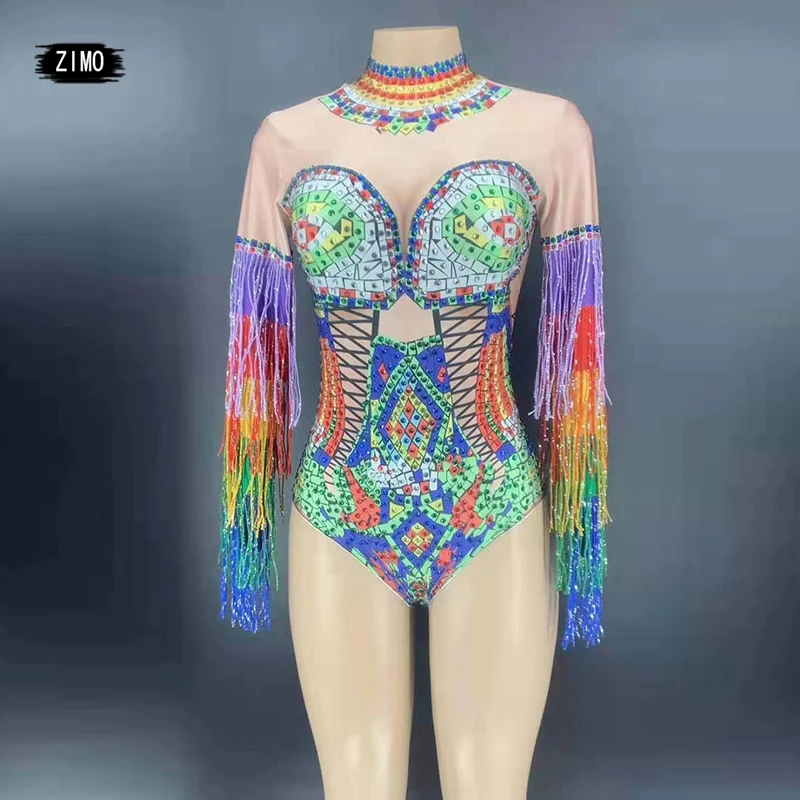 rhinestone Multi-color fringe one piece bodysuit women sexy crystals leotard dance costume tassel dj party wears festival outfit