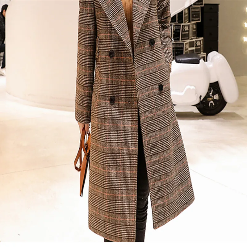 2019 весна осень Женское шерстяное клетчатое Пальто Новое Модное Длинное