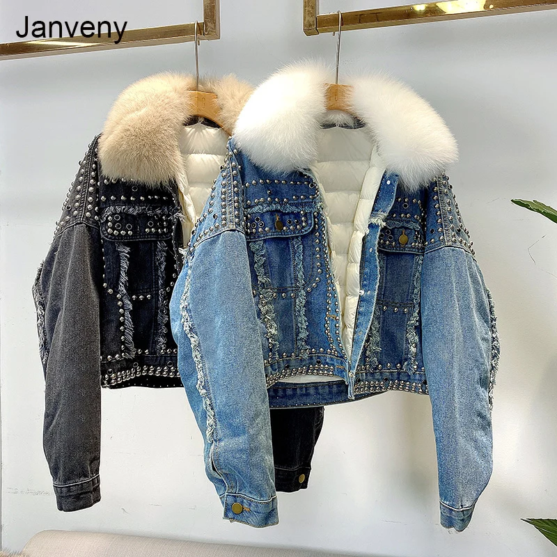 Janveny-Chaqueta de plumón de pato blanco para mujer, abrigo con remaches de mezclilla, 90% de espesor, pluma acolchada, Parkas femeninas con cuello de piel de zorro Real, 2021