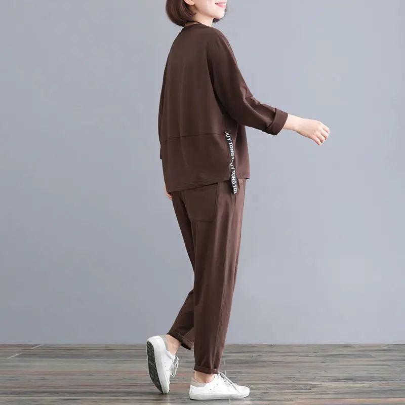 

2020 Cotton new mother's autumn solid color leisure sports suit loose large fashion two piece women's suit 13324