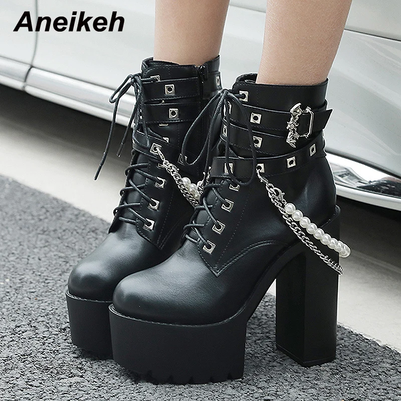 

Женские ботинки на высоком каблуке Aneikeh, римские ботинки на платформе с перекрестной шнуровкой и бусинами, осенние ботильоны в стиле панк с ...