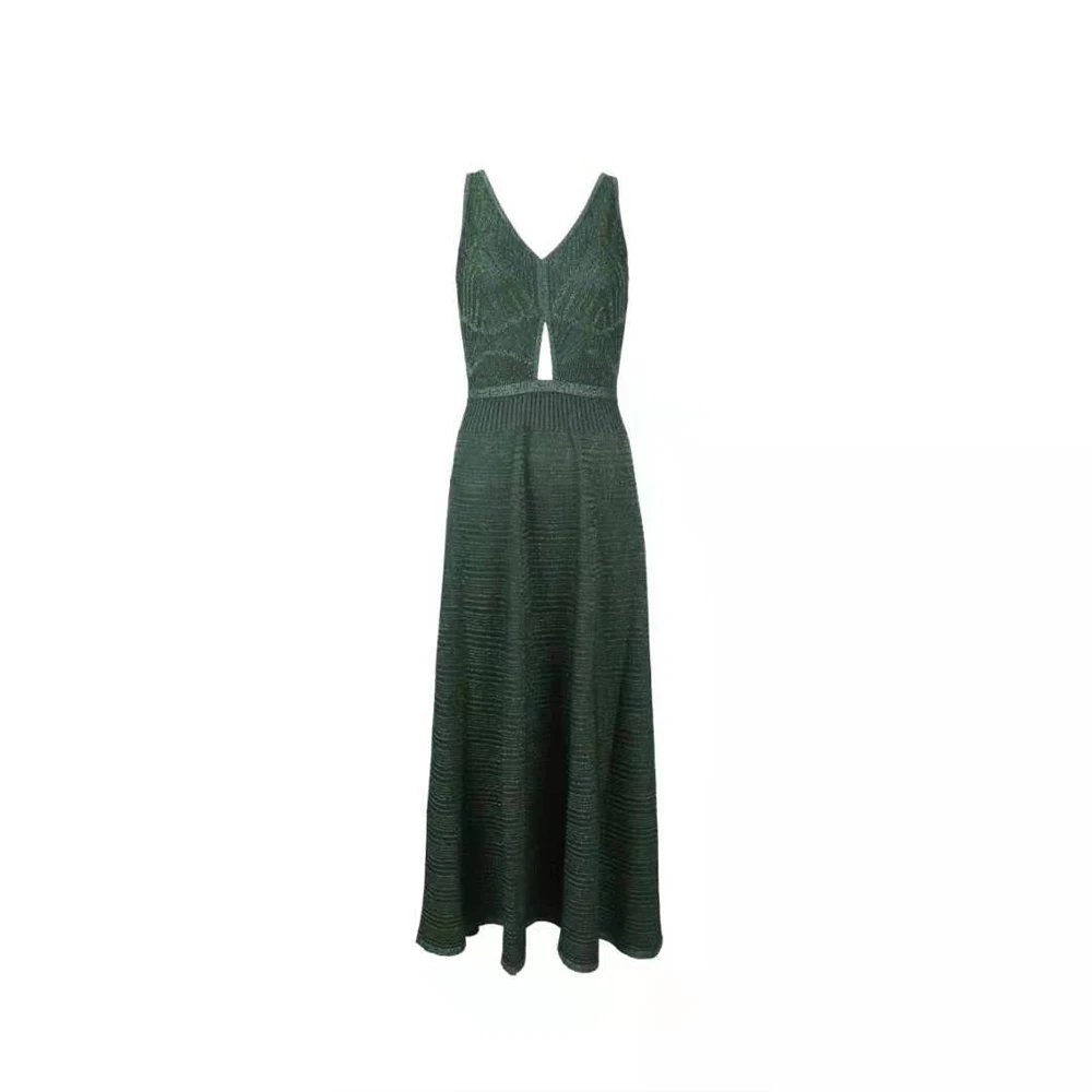 

Formal Evening Dress Long Knitted Green V Neck Sleeveless High Waist Hollow Out Elegant Women A Line Sparkly Party Dress