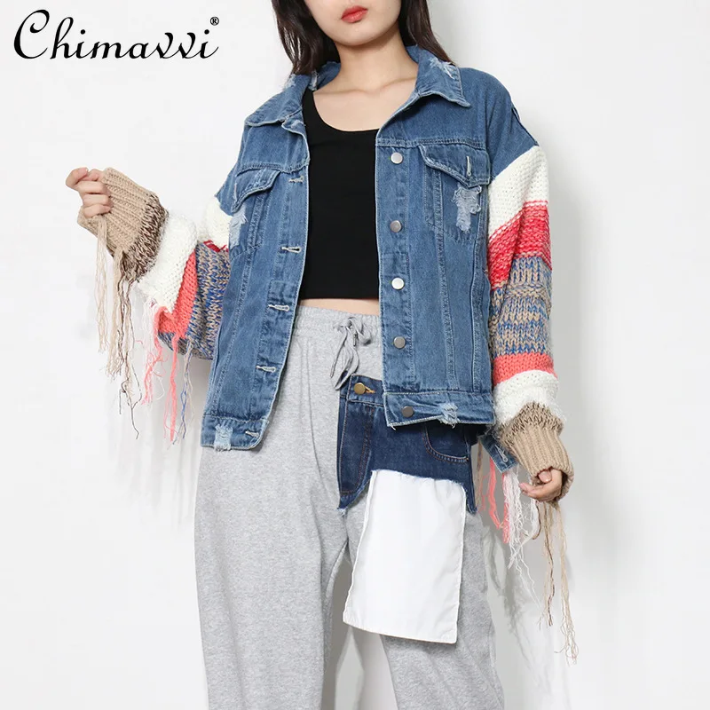 

Fashion Vintage Denim Stitching Jacket 2021 Fall Women's Clothing Korean Single-Breasted Solid Color Polo Collar Coat Loose Tops