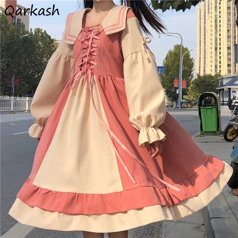 

Sailor Collar Dresses Women Sweet Patchwork Lace-up Casual Preppy Style Puff Sleeve Dress Princess Japanese Style Girls Lolita