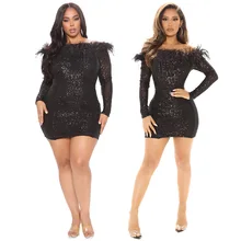 SKMY vestido de piel con plumas y lentejuelas para mujer, ropa Sexy a la moda, sin hombros, de manga larga, color negro y S 5XL, Invierno 2021 (4)