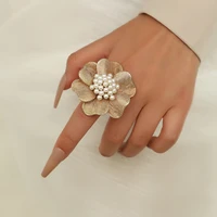 luxury pearl big flowers joint rings for women kpop vintage gold metal adjustable ring bridal wedding party jewelry anillos
