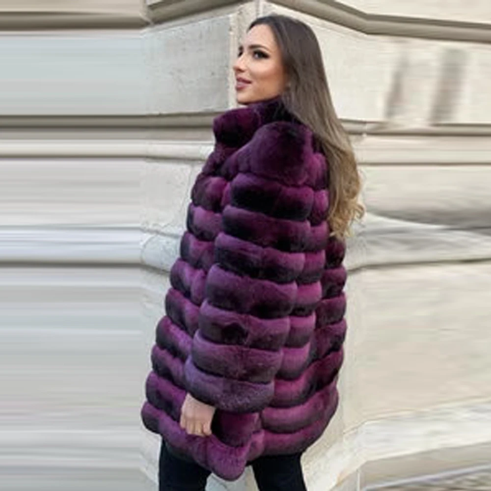 Purple Natural Rex Rabbit Fur Jacket Stand Collar Fashion Mid-length Women Whole Skin Genuine Rex Rabbit Fur Coat Trendy Outwear enlarge