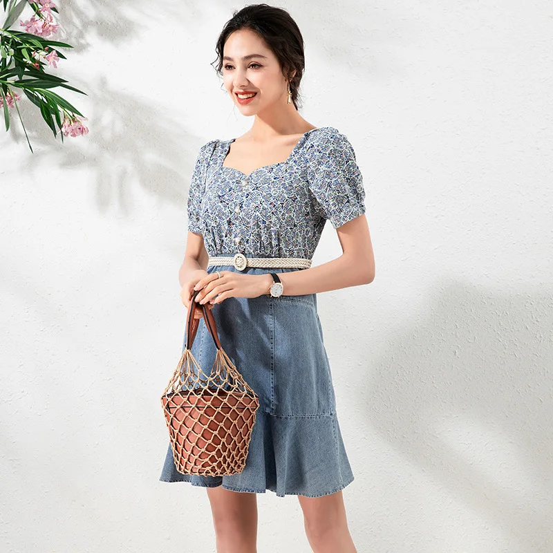 

Blue Floral Denim Ruffle Dress Summer Short Sleeve Square Collar Mini Dresses Women High Waist Belt Yellow Vintage Casual Dress