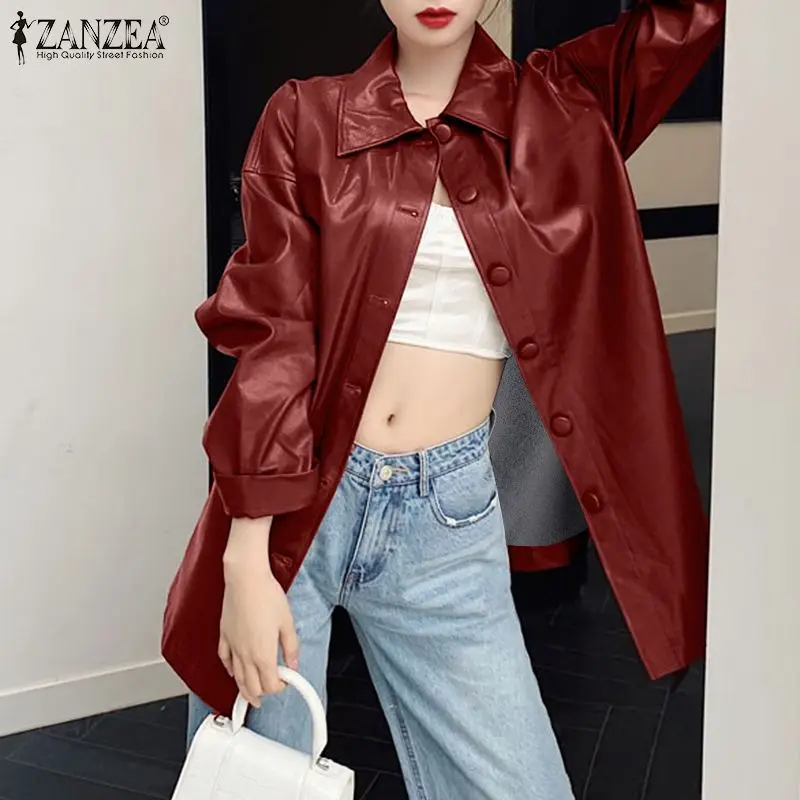 

Oversized ZANZEA Women's Faux Leather PU Belted Shirt 2022 Spring Autumn Long Sleeve Tops Casual Solid Loose Top Blusa Femininas