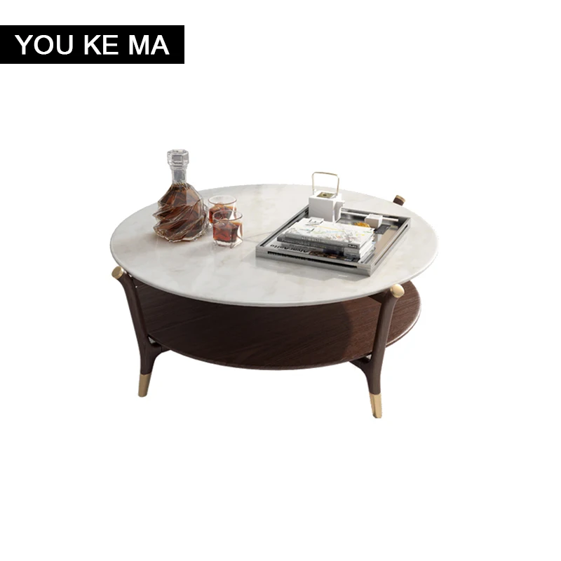 

New Chinese style solid wood marble round coffee table TV cabinet unit living room complete white wax wood furniture