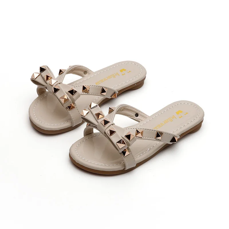 

2021 Summer Kids Girl Shoes Slippers Slip-On Solid Butterfly-knot Rivet Round Toe Fashion Sweet Flat Heels All-match Non-slip
