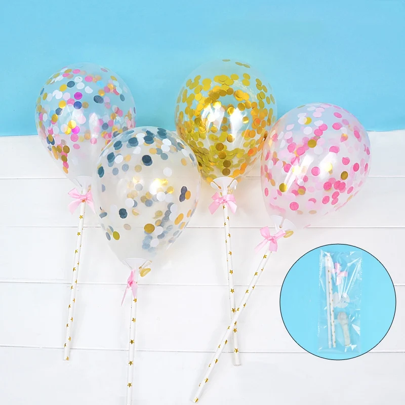 1pc Cake Topper Decoration Confetti Dots Balloon with Paper Straw Bowkot Ribbon Table Birthday Wedding Party Balloon Baby Favors