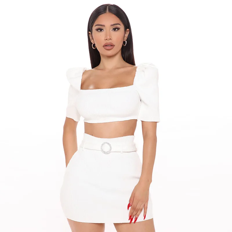 

Women Short Puff Sleeve Crop Top Belt Bodycon Mini Skirt Two Piece Set Women Summer Dress Sets Solid Outfits Conjuntos De Mujer