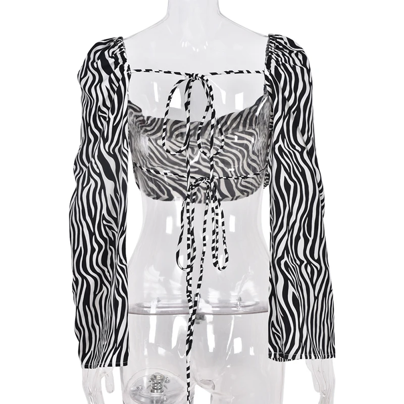 

Women Sexy Back Lace-Up Short Blouse Zebra Print Square Collar Autumn Long Sleeve Cropped Tops Hollow Out Party Club Blouse 2021