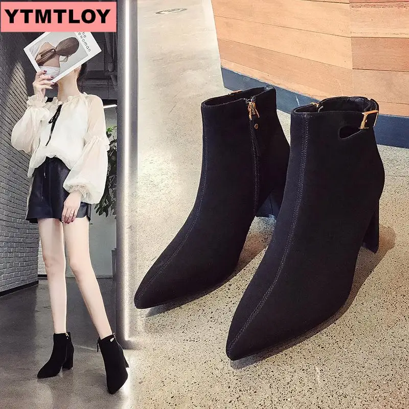 Женские ботильоны из замши на Высоком толстом каблуке черные ботинки-гладиаторы