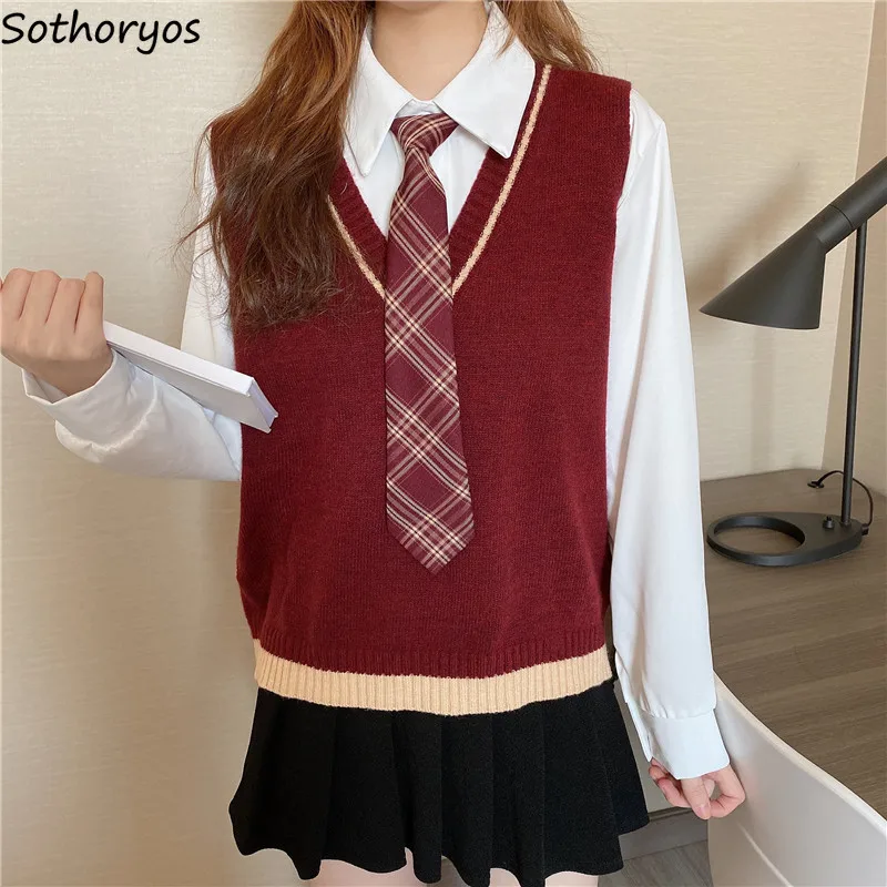 

Women Sweater Vest Preppy V-neck Spring Korean Style Students JK Stylish All-match Sleeveless Knitwear Loose Tops Retro Vests