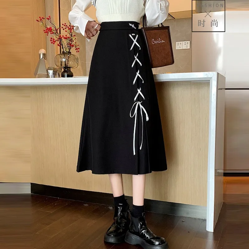 

Women Black Long Skirts New Arrival 2021 Autumn Korean Style All-match Thick High Waist Ladies Elegant A-line Skirt W785