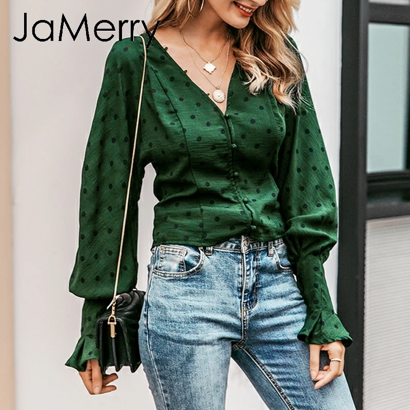 JaMerry винтажные элегантные пуговицы в Горошек женский Печатный принт блузка