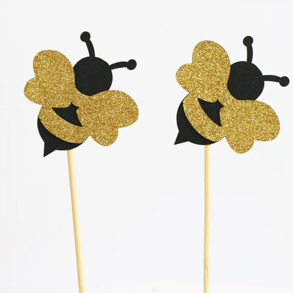 

24 Pcs Paper Cake Toppers Shiny Bee Cupcake Toppers Honeybee Fruit Picks Dessert Decorative Supplies for Kid Birthday Party