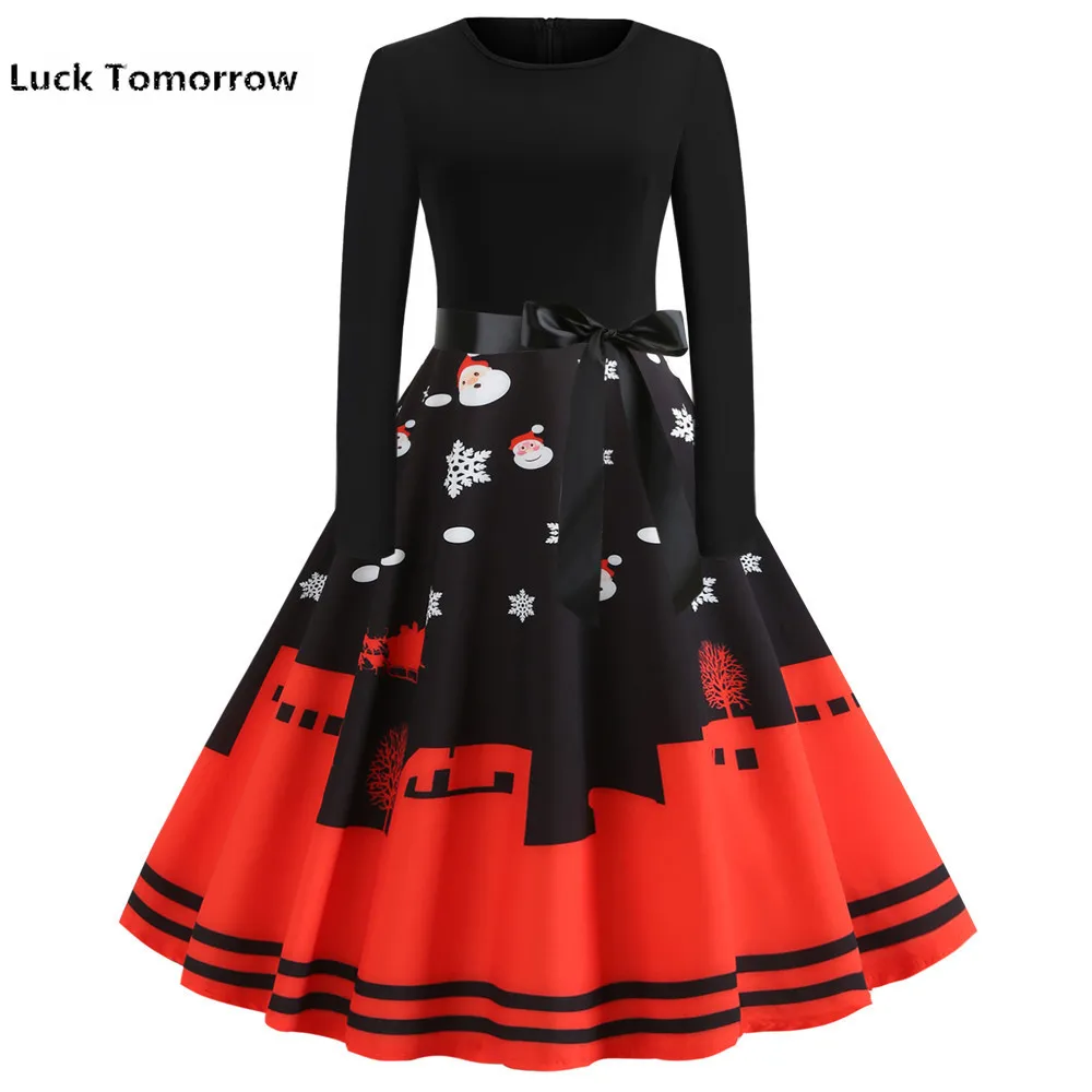 Для женщин элегантные Винтаж красный Рождественский колокольчик платье тонкий