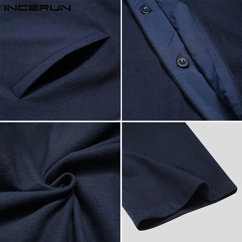 Fashion Buttons Long Style Thick Overcoats INCERUN Winter Coats Mens Solid Color Blends Man Sleeve Stand Collar Trench 5XL7 | Мужская