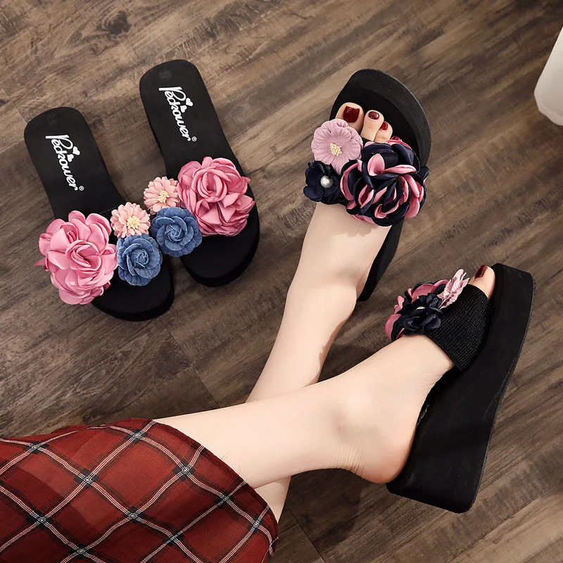 

Women's Large Size High-heeled Word Drag Female Slip Fashion Beach Sandals Sandals and Slippers DIY Flowers Sandals Simple