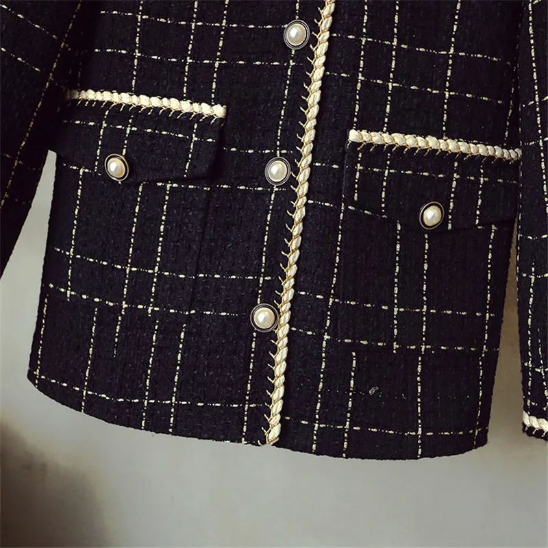 

Designer Wool Coat Women Black Vintage V Neck Plaid Tweed Jackets Golden Buttons Elegant Office Lady Outwear Korean