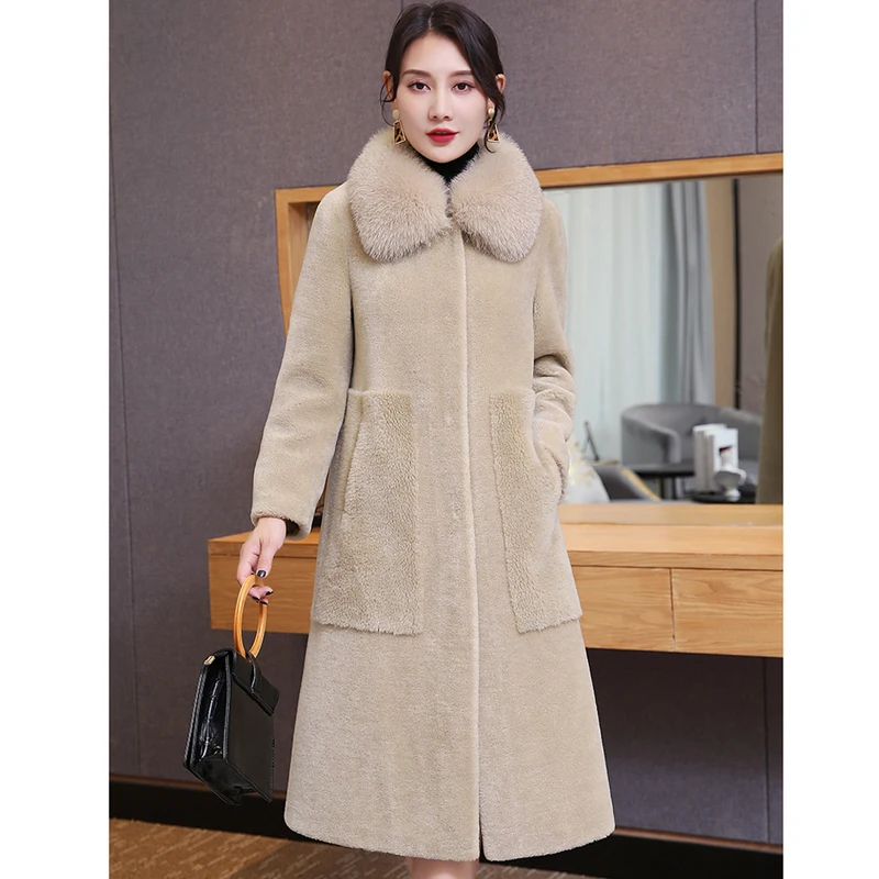 women natural wool fur long overcoat lapel collar streetwear thick warm outerwear 2020 real coat winter jacket | Женская одежда