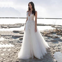 v neck beach wedding dress ivory sexy backless appliqued lace bride dresses tulle wedding gown women 2022 vestidos de noiva