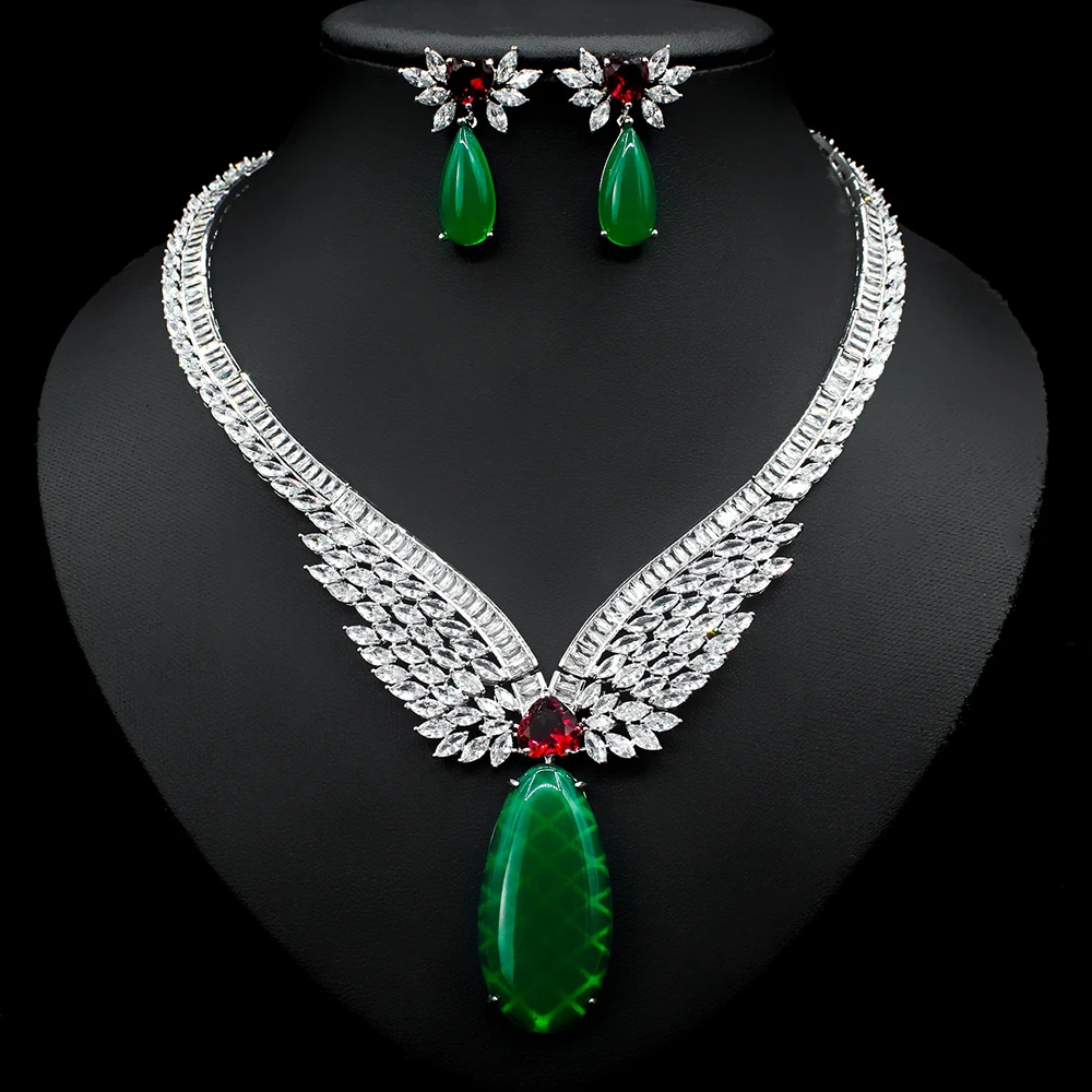 HIBRIDE Green Cubic Zirconia Big Necklace Pendientes Sets Dubai Wedding Bridal Jewelry Sets Fashion White Gold Color N-1230