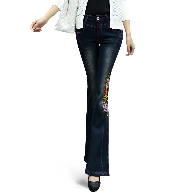 

Embroidery jeans new autumn and spring plus size cotton female women girls brand high waist flare pants clothing