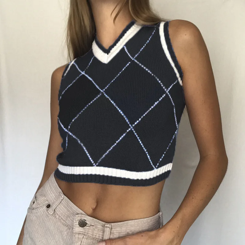 

2021 стиль V-образный вырез винтажный геометрический укороченный пуловер-жилет топы свитер жилет осенний женский сексуальный вязаный жилет