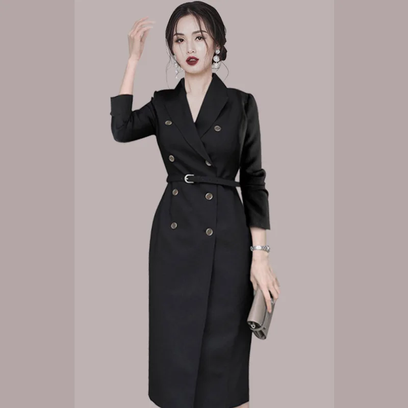 

2021 Spring New Women's Elegant Black Double-Breasted Office Suits Dresses Femme Long Sleeve Temperament Business Clothes