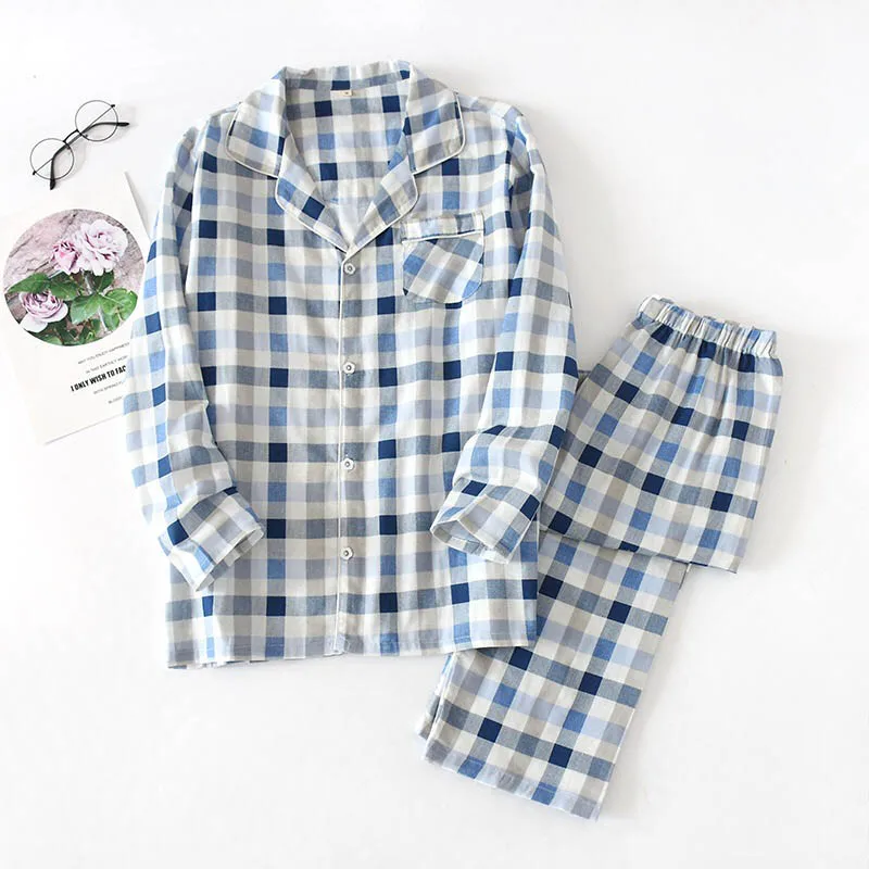 Simple Style Men And Women Plaid Homewear Lovers Full Sleeve Pajamas Set Coup;es Comfort Gauze Cotton Sleepwear Set For Spring