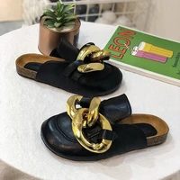 2021 new brand design gold chain women slipper closed toe slip on shoes round toe low heels casual slides flip flop
