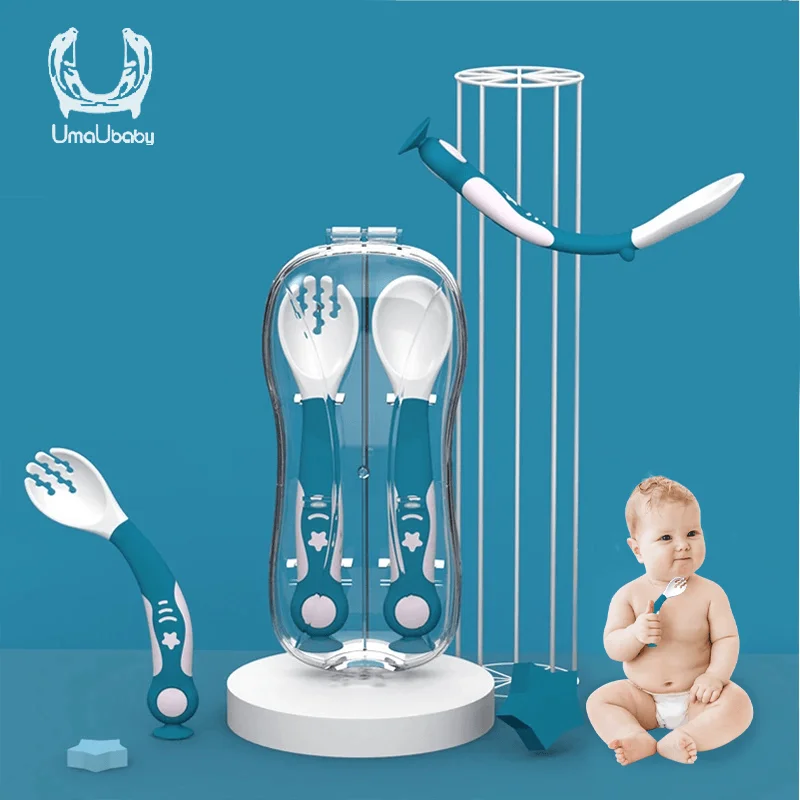 

Baby Spoon Learn Eating Artifact Complementary Food Sucker Soft Toddler Tableware Bendable Fork Set Kid Feeding Children Plate