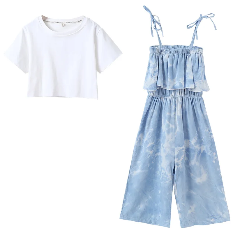 

Girl Clothes Summer 2021 Kids White T-shirt Sling Jumpsuit 2pcs Children Clothing Blue Thin Teens Travel Outfits 6 8 10 12 Years
