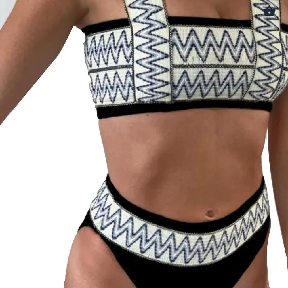 

Women Swimsuit Set Summer Wavy Ripple Push Up Bandeau Lady Fashion Bra Mid Rise Briefs Striped Soft Bikini Set Beach Swimwears