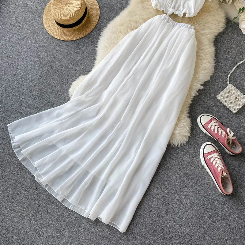 

Women White 2pcs Set Sexy Slash Neck Short Sleeve Short Tops + Elastic High Waist Big Swing Long Skirt Female Two Piece Set 2021