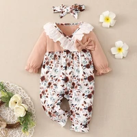 baby girl 2 piece set baby clothes girl flower print patchwork bow ruffles v neck long sleeve baby rompersheadband party 0 18m